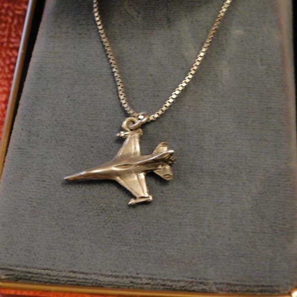 Aviation Airplane Necklace - Sterling Silver necklace with vintage F16 charm - Picture 1 of 3